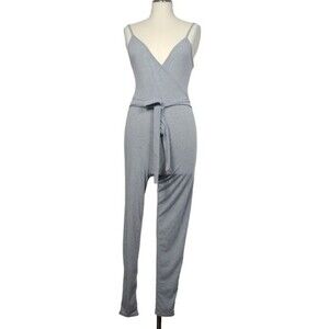 PrettyLittleThing Marl Jersey Wrap Tie Waist Gray V Neck Sleeveless Jumpsuit 4
